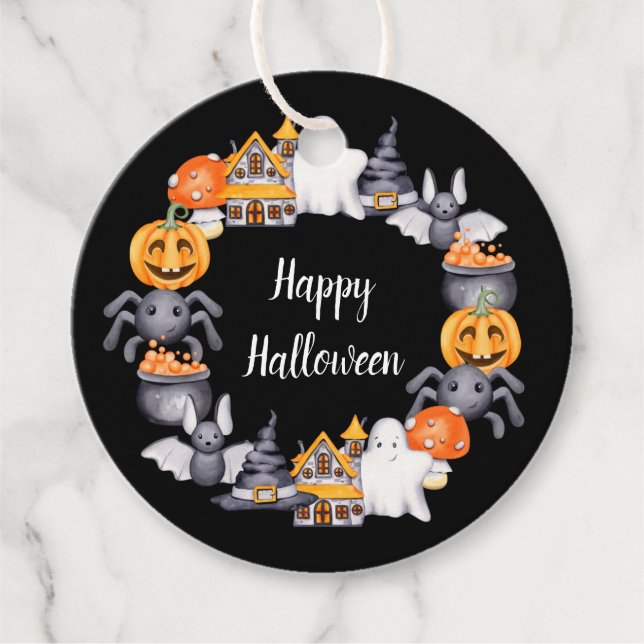 Niedliche Schwarz-Happy Halloween-Illustration Geschenkanhänger (Vorderseite)