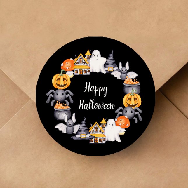 Niedliche Schwarz-Happy Halloween-Illustration Runder Aufkleber (Cute Black Happy Halloween Illustration Classic Round Sticker)