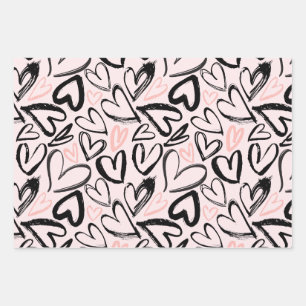 Niedliche Schwarz-Rosa-Valentinstag-Herzen Pastell Geschenkpapier Set