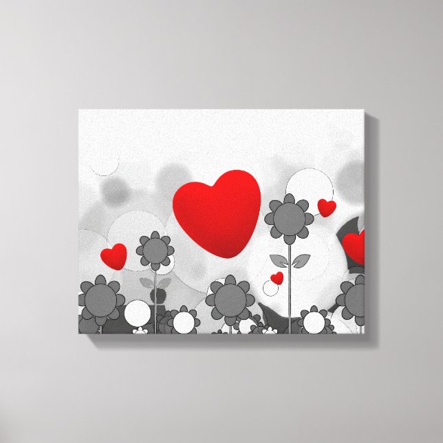Niedliche Schwarz/Weiß/Graue Blume mit Big Red Hea Leinwanddruck (Vorderseite)