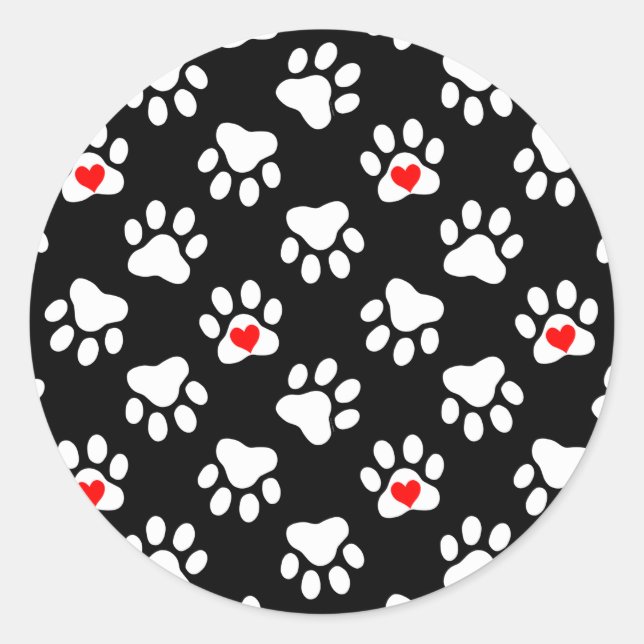 Niedliche Schwarz-Weiß-Hundepaws mit Herzmuster Runder Aufkleber (Vorderseite)