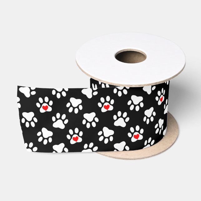 Niedliche Schwarz-Weiß-Hundepaws mit Herzmuster Satinband (Spule)