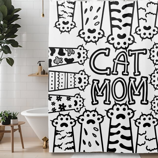 Niedliche Schwarz-Weiß-Katze Mama mit Katzenpfoten Duschvorhang (Von Creator hochgeladen)