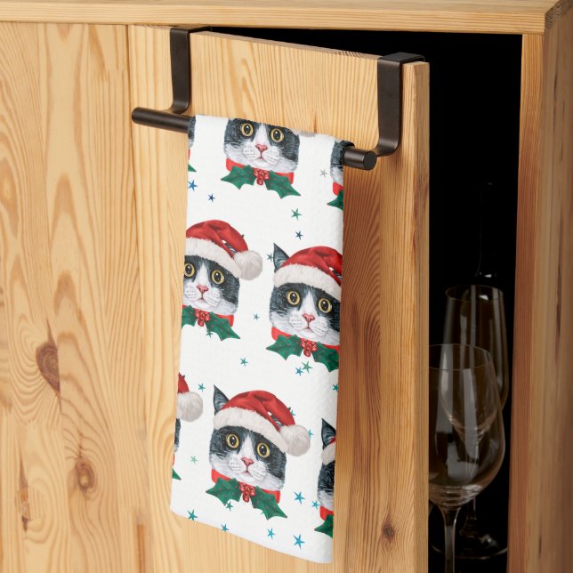 Niedliche Schwarz-Weiß-Katze mit Weihnachtsmannmüt Geschirrtuch (Drittel gefaltet)
