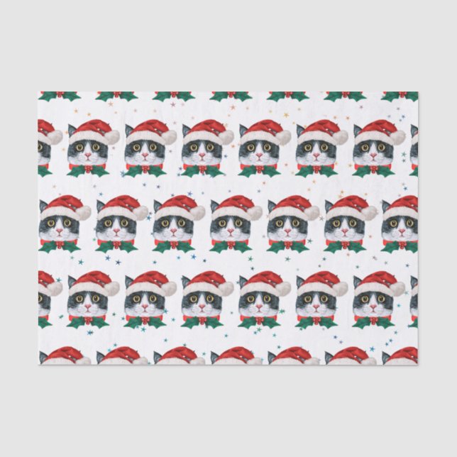 Niedliche Schwarz-Weiß-Katze mit Weihnachtsmannmüt Seidenpapier (Vorderseite)