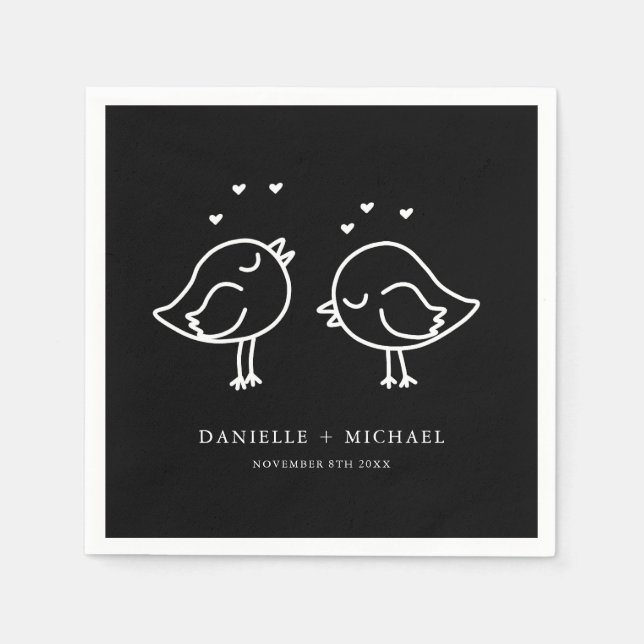 Niedliche Schwarz-Weiß-Lovebirds Doodles Hochzeit Serviette (Vorderseite)