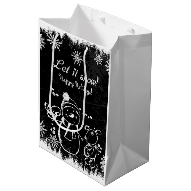 Niedliche Schwarz-Weiß-Weihnachtsillustrierung Mittlere Geschenktüte (Vorderseite Schrägansicht)