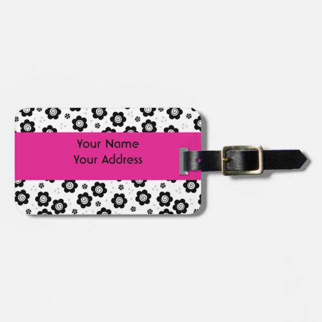 Niedliche Schwarz-weiße Blume Gepäckmarke Gepäckanhänger (Vorderseite horizontal)