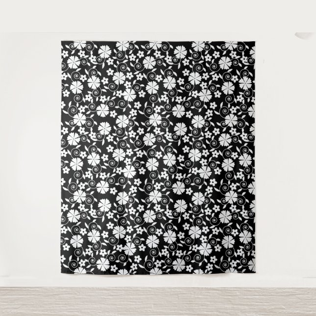 Niedliche Schwarz-weiße Blume Wandteppich (Vorderseite)