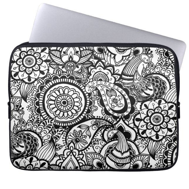 Niedliche Schwarz-weiße Blumenpfeife Laptopschutzhülle (Vorderseite)