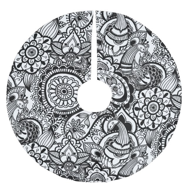 Niedliche Schwarz-weiße Blumenpfeife Polyester Weihnachtsbaumdecke (Vorderseite)