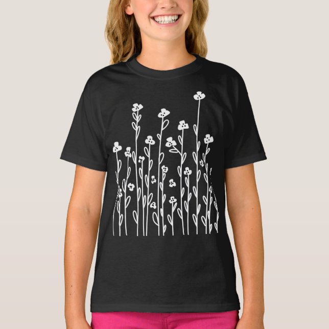 Niedliche Schwarz-weiße Doodle-Wildblumen T-Shirt (Vorderseite)