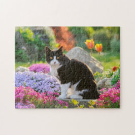 Niedliche Schwarz-weiße Katze in einem blühenden G