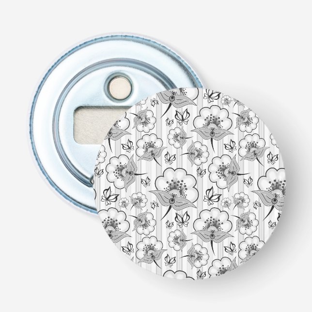 Niedliche Schwarz-weiße nahtlose Blume Flaschenöffner (Vorderseite)