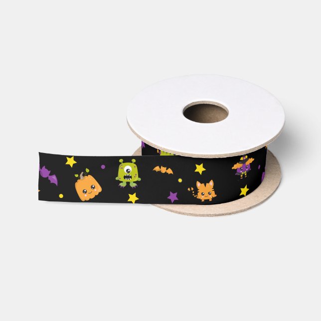 Niedliche schwarze Halloween-Kindermonster 3,5 Zol Satinband (Spule)