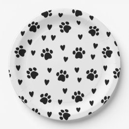 Niedliche schwarze Hundspuldrucke und Herz Pappteller