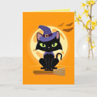 Niedliche Schwarze Katze auf Besenhalskarte