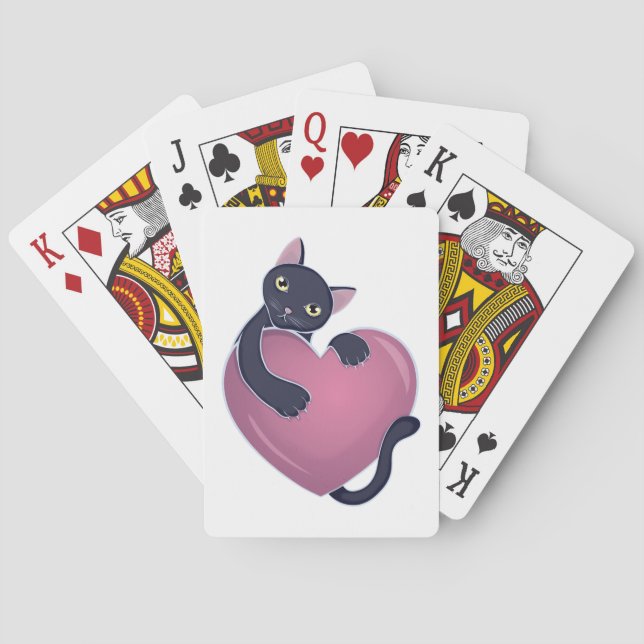 Niedliche Schwarze Katze auf das große Herz Spielkarten (Rückseite)