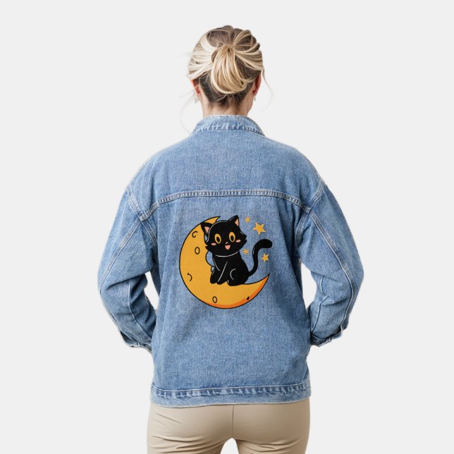 Niedliche schwarze Katze auf dem Mond Jeansjacke (Modell)