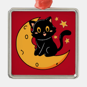 Niedliche schwarze Katze auf dem Mond Ornament Aus Metall
