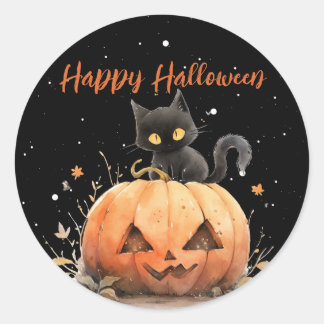 Niedliche schwarze Katze auf KürbisHalloween Runder Aufkleber