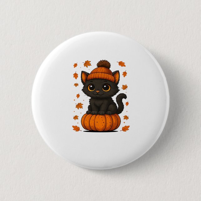 Niedliche schwarze Katze auf Pumpkin Fall Ästhetik Button (Vorderseite)