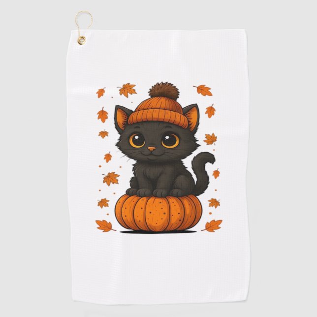 Niedliche schwarze Katze auf Pumpkin Fall Ästhetik Golfhandtuch (Vorderseite)