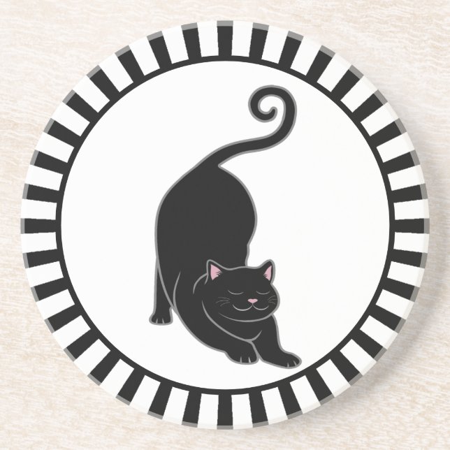 Niedliche schwarze Katze auf schwarz und weiß Getränkeuntersetzer (Vorne)