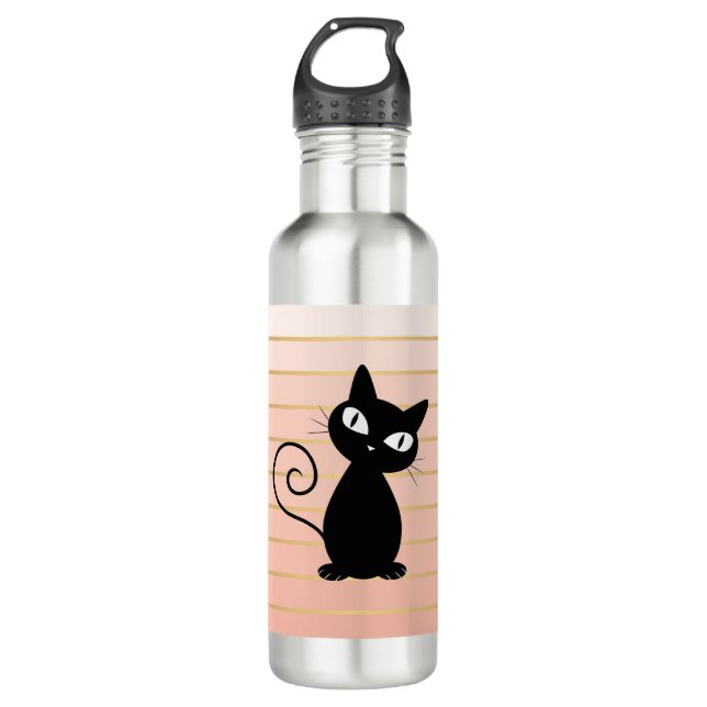 Niedliche schwarze Katze auf Streifen Edelstahlflasche (Vorderseite)