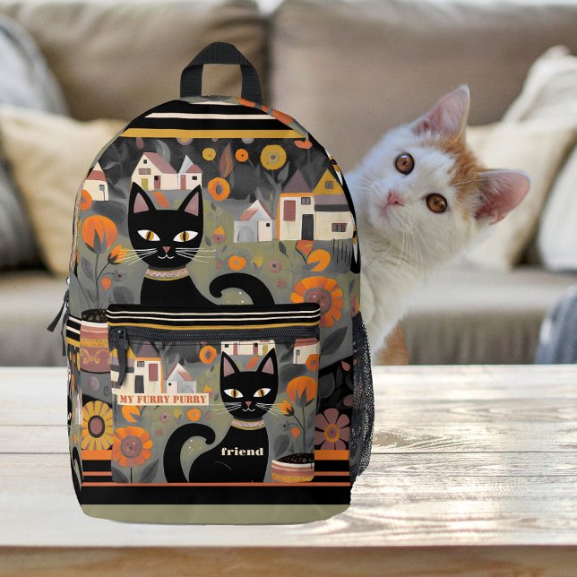 Niedliche Schwarze Katze Bedruckter Rucksack (Backpack featuring a cute black cat design in retro style. Nice for any cat lover.)