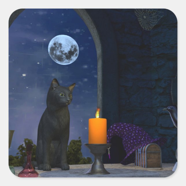 Niedliche schwarze Katze bei Kerzenlicht Quadratischer Aufkleber (Vorderseite)
