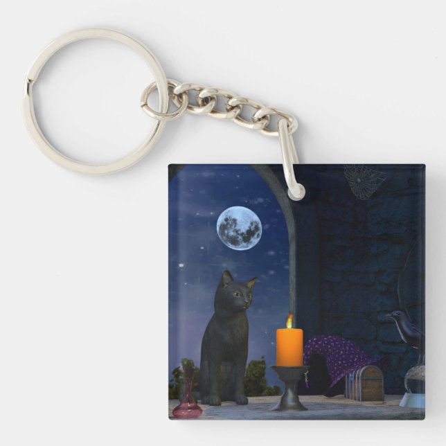 Niedliche schwarze Katze bei Kerzenlicht Schlüsselanhänger (Vorderseite)