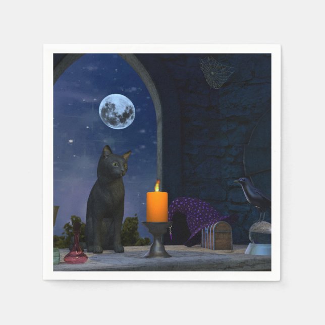 Niedliche schwarze Katze bei Kerzenlicht Serviette (Vorderseite)
