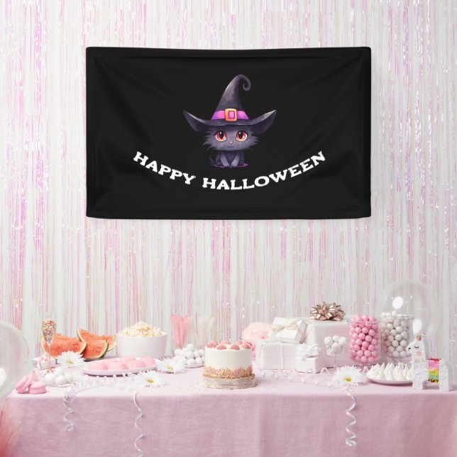 Niedliche Schwarze Katze, die ein Hexenhutehl träg Banner (Party)