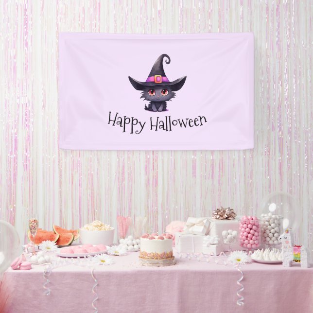 Niedliche Schwarze Katze, die ein Hexenhutehl träg Banner (Party)