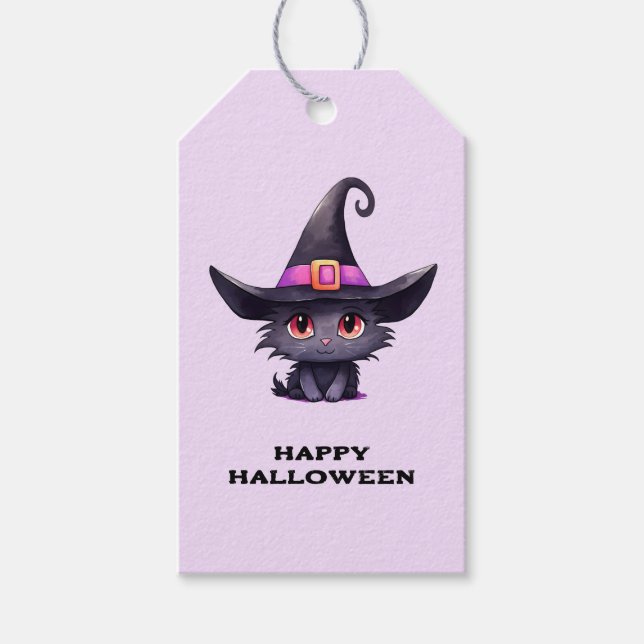 Niedliche Schwarze Katze, die ein Hexenhutehl träg Geschenkanhänger (Vorderseite)