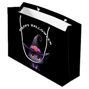 Niedliche Schwarze Katze, die ein Hexenhutehl träg Große Geschenktüte
