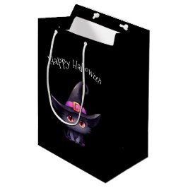 Niedliche Schwarze Katze, die ein Hexenhutehl träg Mittlere Geschenktüte