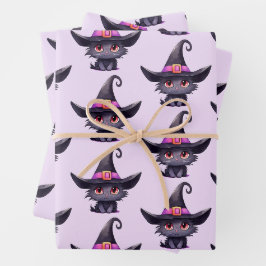 Niedliche schwarze Katze, die ein Hexenhutmuster t Geschenkpapier Set