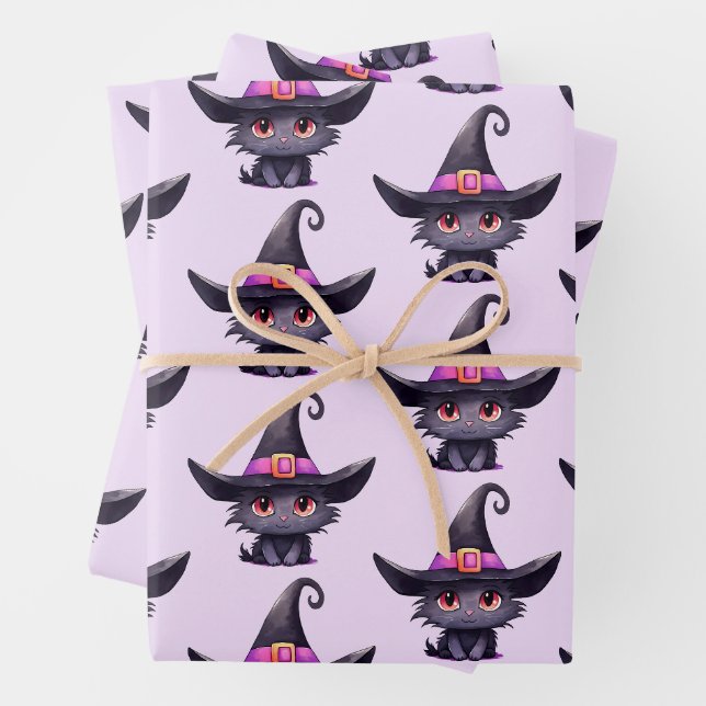Niedliche schwarze Katze, die ein Hexenhutmuster t Geschenkpapier Set (Beispiel)