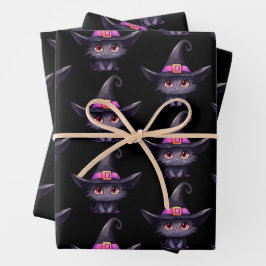 Niedliche schwarze Katze, die ein Hexenhutmuster t Geschenkpapier Set