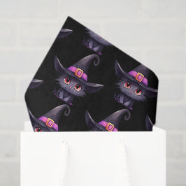 Niedliche schwarze Katze, die ein Hexenhutmuster t Seidenpapier
