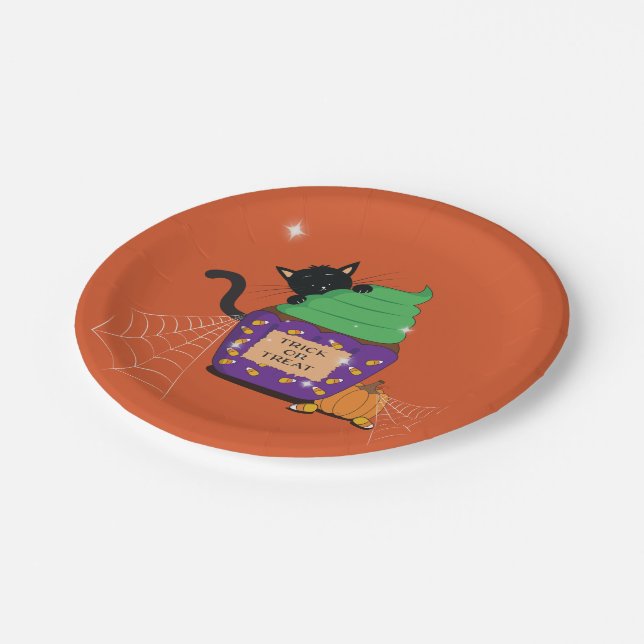 Niedliche schwarze Katze Halloween-Orangenpapierpl Pappteller (Schrägansicht)