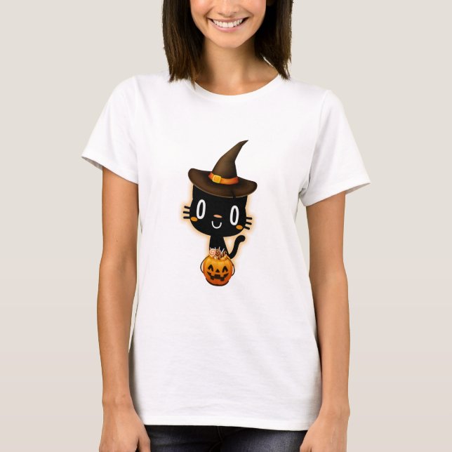 Niedliche Schwarze Katze Halloween T-Shirt (Vorderseite)