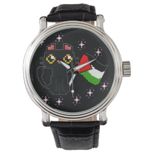 niedliche schwarze Katze hält Palästinenserflagge Armbanduhr