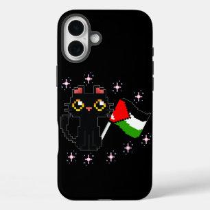 niedliche schwarze Katze hält Palästinenserflagge iPhone 16 Plus Hülle
