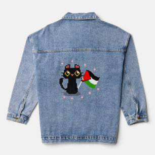 niedliche schwarze Katze hält Palästinenserflagge Jeansjacke