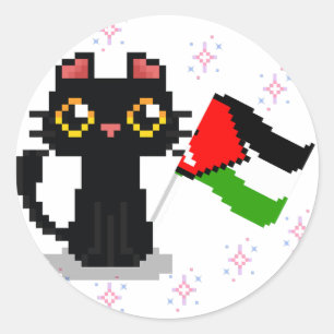 niedliche schwarze Katze hält Palästinenserflagge Runder Aufkleber