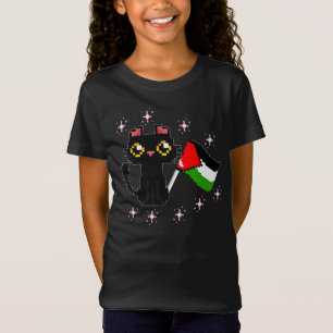niedliche schwarze Katze hält Palästinenserflagge T-Shirt