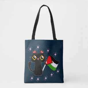 niedliche schwarze Katze hält Palästinenserflagge Tasche